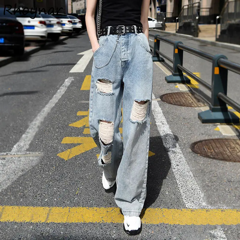 

Jeans Women Design Hip Hop Street Hollow Out Ripped Cool Girls College Wide Leg Trousers Fashion Loose High Waist Femme Daily