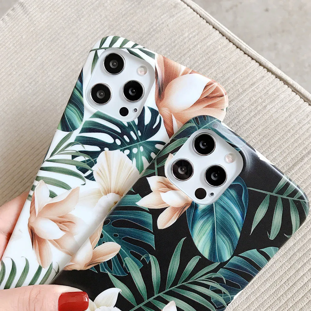 Matte Floral Case For iPhone 12 mini 11 Pro Max XR XS Max X 7 Plus 8 Plus Soft TPU Tropical Leaf Flowers Girl Phone Cases Cover