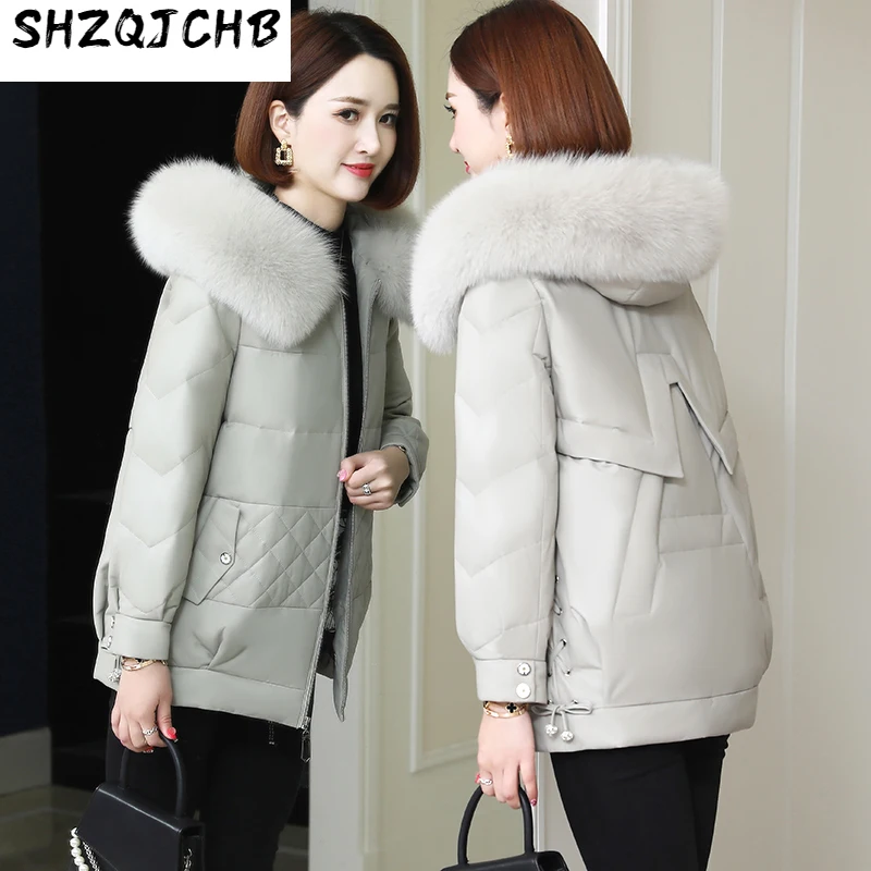 

SHZQ зимняя новая кожаная женская пуховая куртка корейское пальто из овечьего меха пальто с воротником из лисьего меха утолщенная