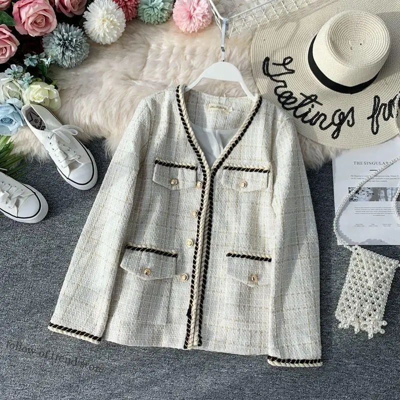 

Retro Plaid Wool Brends Coat Office Princess Women Luxury Designer Brand V Neck Wide Waisted Tweed New Jacket Luxury Korea White