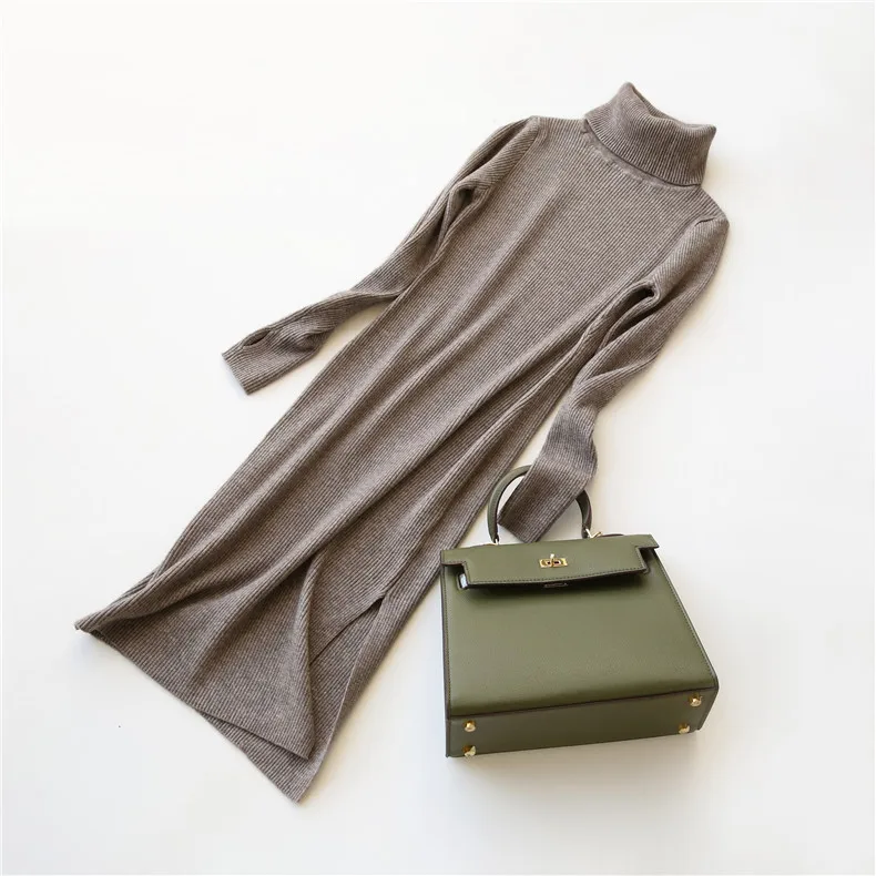 

Turtleneck Split Bodycon Dress Long Pullovers Knitting Women Winter Sweater Femme Tricot Pull