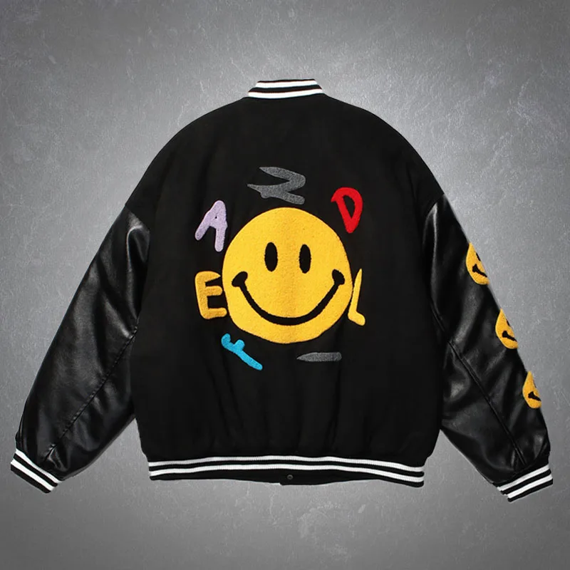 Hip Hop Baseball Jacket Mens Furry Smiley Patchwork Color Block PU Sleeve Coats Harajuku Streetwear Casual Loose Bomber Jackets