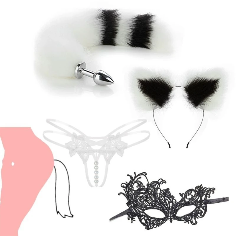 4 шт пушистый Анальная пробка хвост и повязка на голову с цветком уши БДСМ