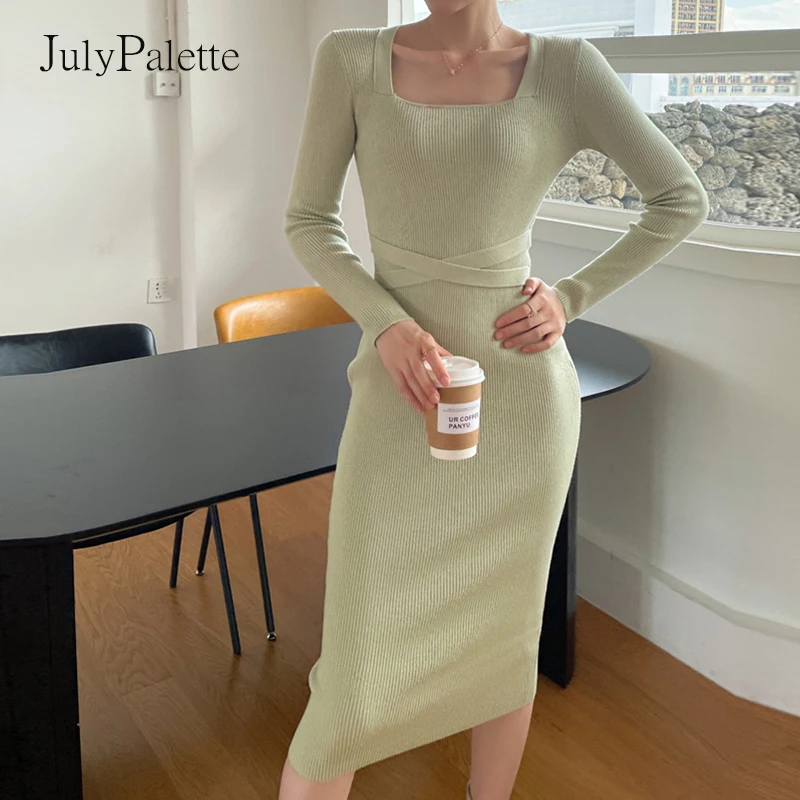 

Julypalette French Vintage Ladies Bandage Sweater Knitted Dress Solid 2021 Women Square Collar Midi Long Sleeve Casual Dresses