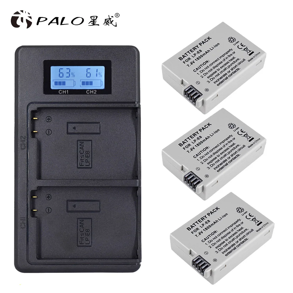 1 charger 3 battery PALO 2 шт. батарея для цифровой камеры LP-E8+ ЖК-дисплей Дисплей Смарт AKKU емкостью зарядное устройство для цифровой однообъективной зеркальной камеры Canon EOS 550D 600D 650D 700D X4 X5 X6i X7i T2i T3i - Цвет: 1 charger 3 battery