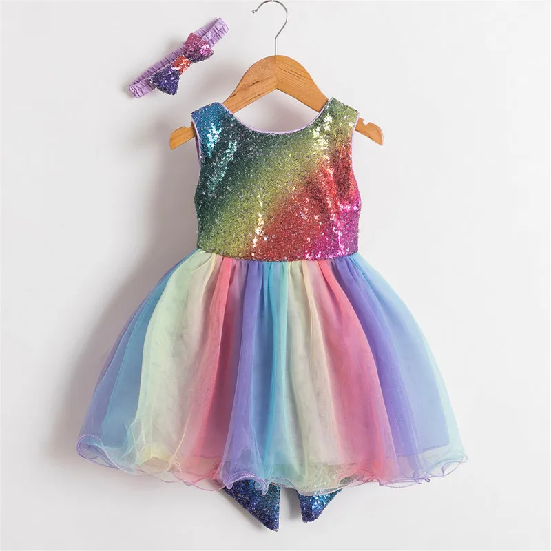 

Princess Dress Baby Kids Girls Sequined Rainbow Bowknot Tutu Formal Party Bridesmaid Gown Toddler Birthday Christening Costume