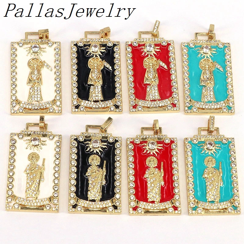 

10Pcs New Fashion Rectangle CZ Pave Jesus Mary Pendant Charms Gold Plated Enamel Pendant for Neckalce Making Jewelry Accessory