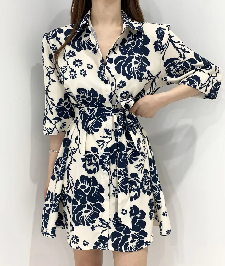 Женское Короткое платье-рубашка с поясом Za повседневное винтажное коротким