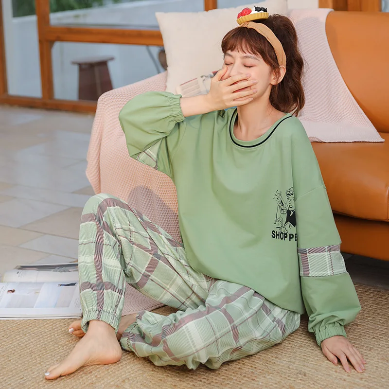 

Women Home Wear Lounge Clothes Long Sleeve Pajamas Sets Cotton Sleepwear Green Cartoon Print Homewear Autumn Winter Big Size
