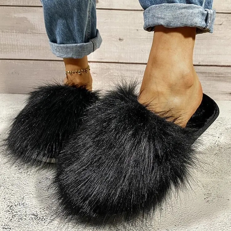 

ZAR Woman 2021 Flat Shoes Spring Autumn Baotou Sexy Black Furry Outer Wear Plus Size 41 Lazy Sandals And Cotton Slippers Women