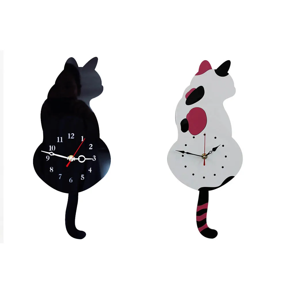 Creative Cute White/Black Wagging Tail Cat Wall Clock for Household Decorative Clocks | Дом и сад