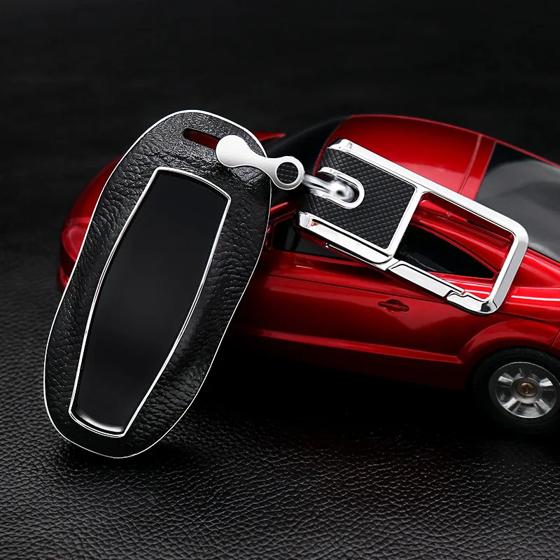 

Top Layer Leather+ABS Remote car key Case CAR shell For Tesla Model S model s Keychain Accessories