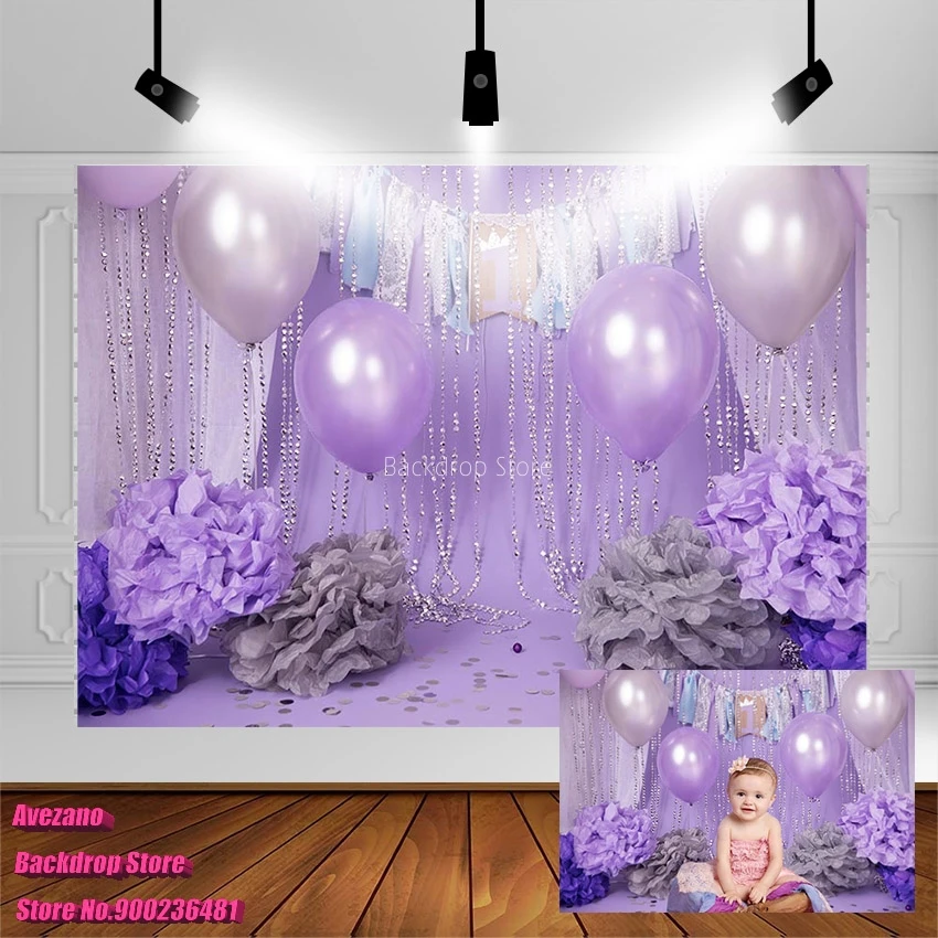 

1st Birthday Party Photography Background Purple Balloon Glitter Dot Flower Backdrop For Photo Studio Photozone Photoshoot Decor
