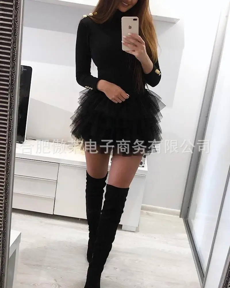 

Модные мини-платья для женщин, сексуальное платье из органзы на пуговицах с длинным рукавом и круглым вырезом, осенние платья 2021