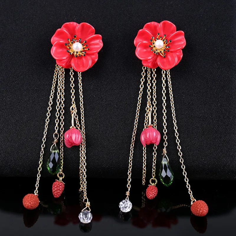 

Female Trendy Temperament Korean Personality Wild Red Flower Strawberry Crystal Pendant Long Tassel Bridal Stud Earring Earrings