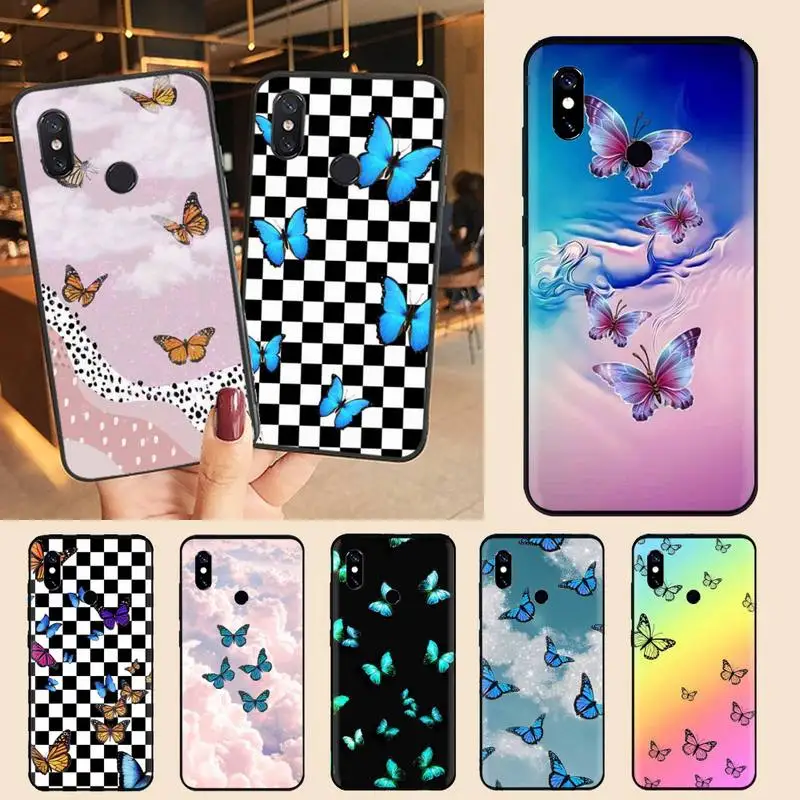 

Checks Blue Butterfly pattern Phone Case For Xiaomi Redmi note 7 8 9 t max3 s 10 pro lite Luxury brand shell funda coque