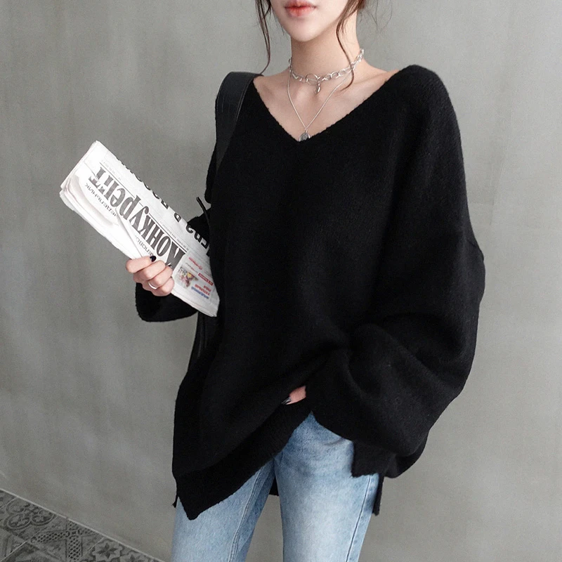 

YAMDI loose elegant sweater women pullover oversized korean vintage thick cute woman v neck 2020 spring winter jumper knitted