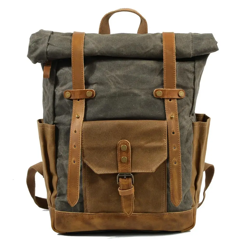 

LIHONGBAOBAO Waxed Canvas Leather College Weekend Travel Rucksack 15in laptops Backpack