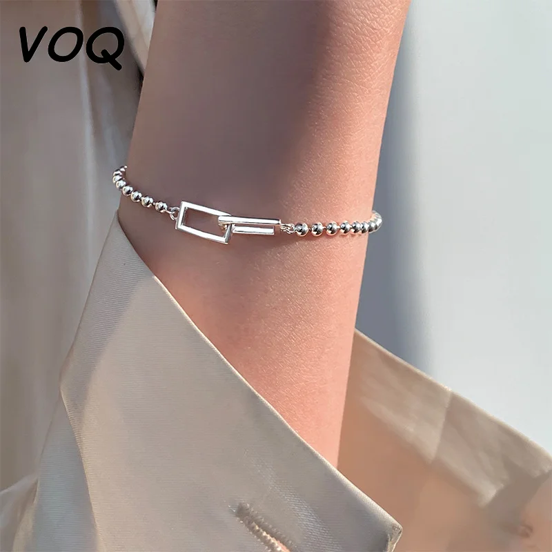 

Браслет VOQ из стерлингового серебра 925 пробы с геометрическими квадратными и круглыми бусинами, регулируемый браслет-цепочка, женская бижут...