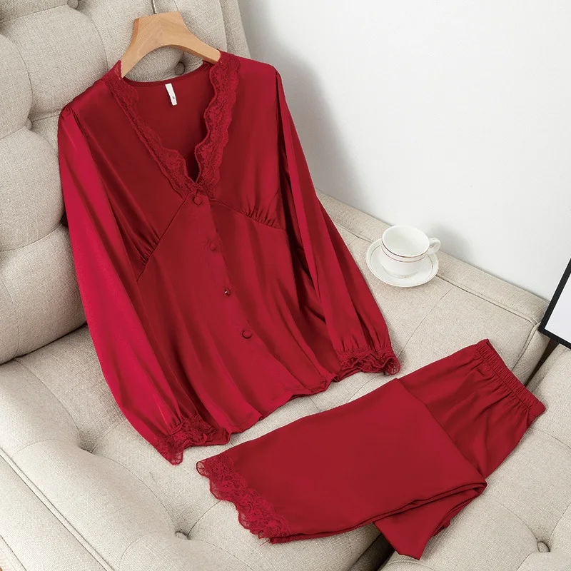

Женская пижама Fdfklak, шелковая атласная одежда для сна с V-образным вырезом, кружевная однотонная одежда для сна с длинным рукавом, домашняя о...