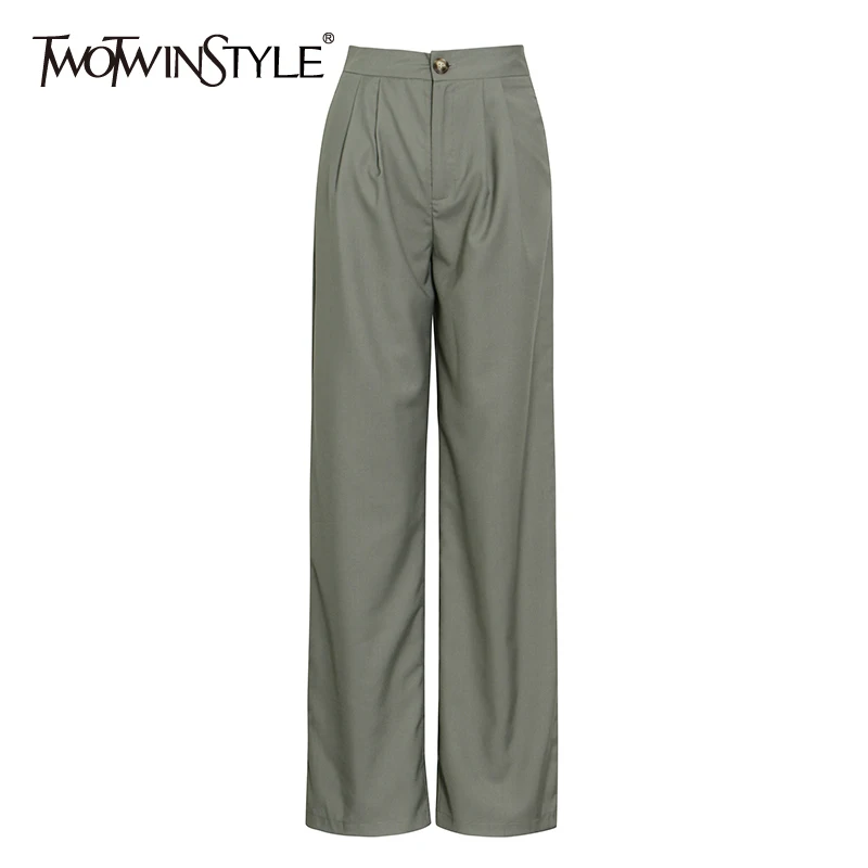 

TWOTWINSTYLE Casual Green Straight Trousers For Women High Waist Minimalist Solid Wide Leg Pants Females 2021 Spring Fashion New