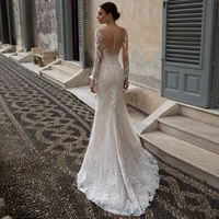 elegant mermaid wedding dresses netting appliques crystal v neck full sleeve covered button bridal gowns vestidos de novia robe
