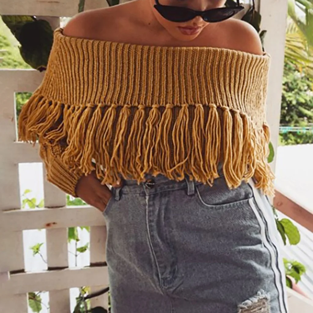 Women Sexy Solid Sweater Autumn Off Shoulder Slash neck Casual Tassel Pullover Long Sleeve Loose Sweaters Blouse Tops | Женская одежда