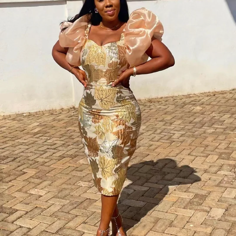 

Vintage Bodycon Dress Women Print Floral Puff Sleeve Elegant Birthday Classy Party Evening Autumn Spring Dresses New Year 2021