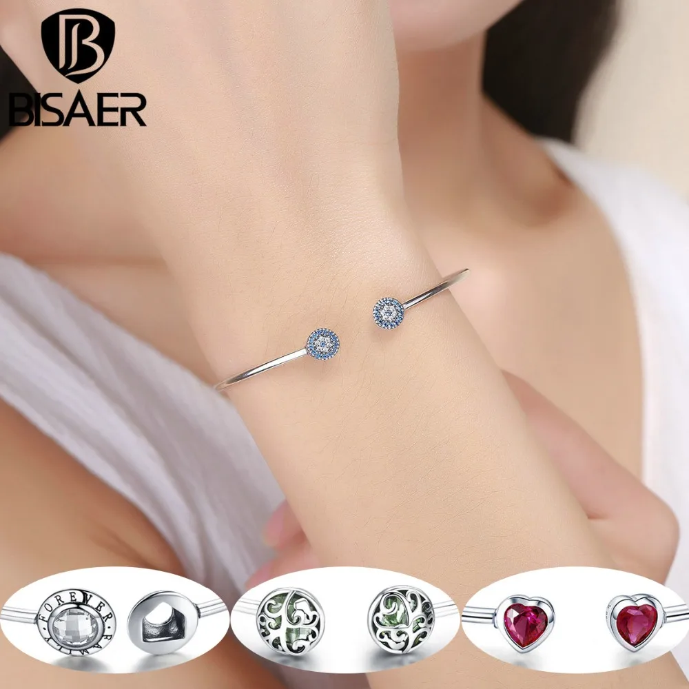 BISAER, 925 пробы, серебряный, Круглый, счастливый, голубой, злой глаз, любовь, сердце, открытые манжеты, браслеты для женщин и девушек, серебряные браслеты, модные ювелирные изделия