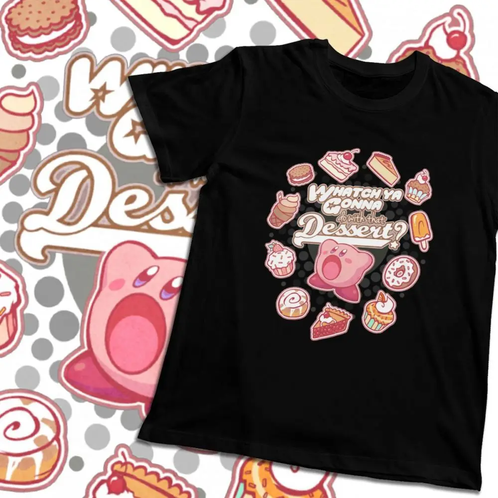 Футболка унисекс Kirby Whatch будет делать с десертом качество хлопка с круглым воротником для отдыха мультфильм дизайн La Camiseta