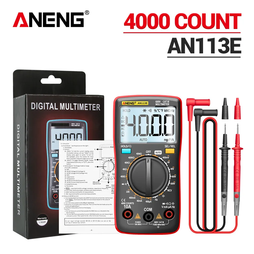 

ANENG AN113E Digital Multimeter 4000 Counts Automatic Range AC DC Voltage Am Meter Voltage Tester Resistance NCV Ohm Test