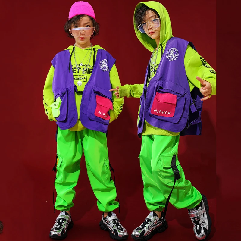 

Новый детский танцевальный костюм в стиле хип-хоп, детская сценическая одежда, костюм в стиле хип-хоп, флуоресцентные зеленые брюки, модный ...