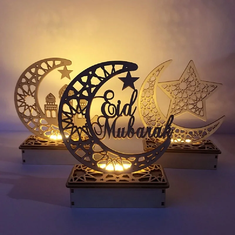

Wooden Moon LED Eid Mubarak Decorations Home Craft Ornament Pendant Islam Muslim Party Ramadan Star Light Event Party Supplies