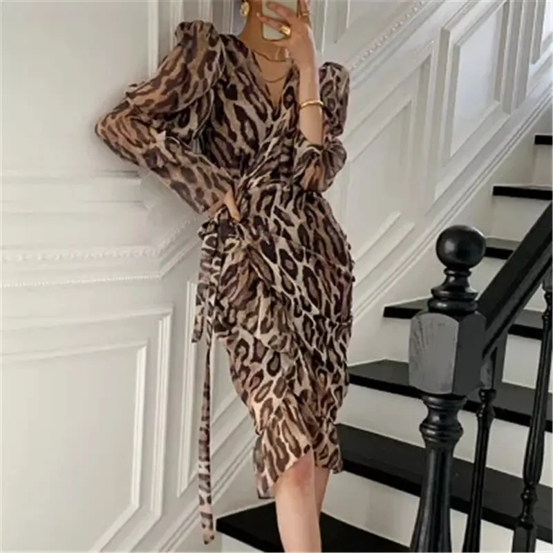 

Women Animal Printed High Waist 2021 Dresses Retro Chic Sexy Slim Leopard Female Streetwear Summer New Office Lady Elegant Dress
