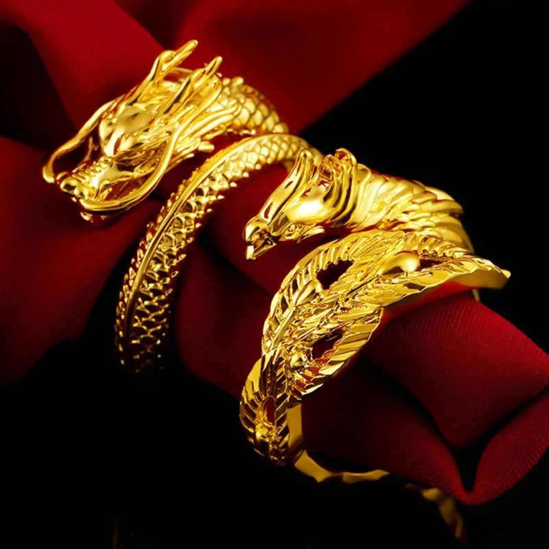 Gold Colour Dragon Phoenix Couples Wedding Rings Adjustable Jewelry Wholesale