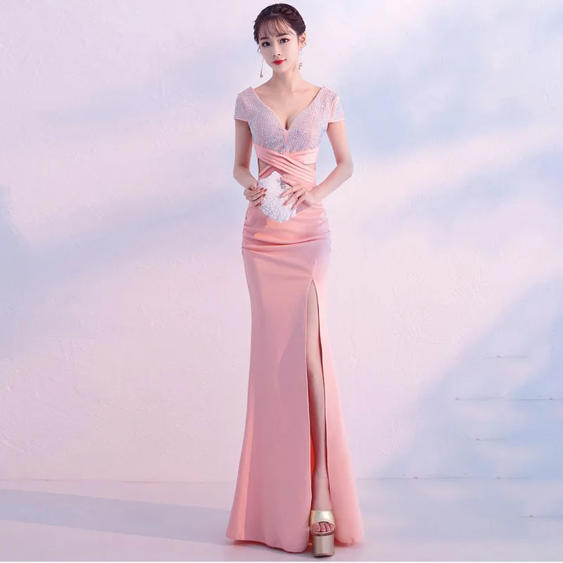 

Evening Dress Elegant Empire Short Sleeves Deep V-Neck Beads Mermaid New Floor-length Plus size Women Formal Party Dresses C1206