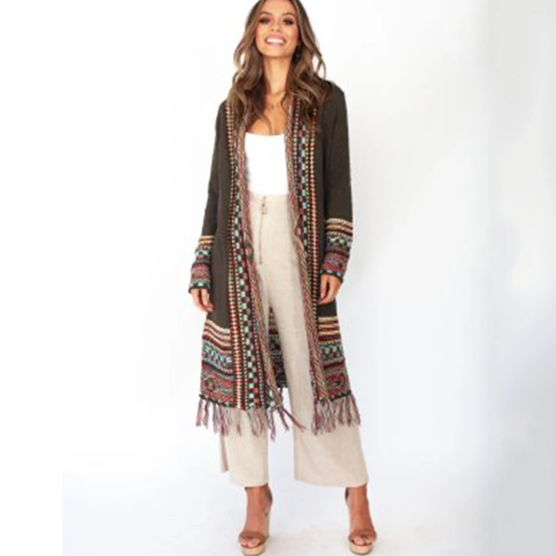 Женский винтажный кардиган средней длины трикотажное пальто в богемном стиле с