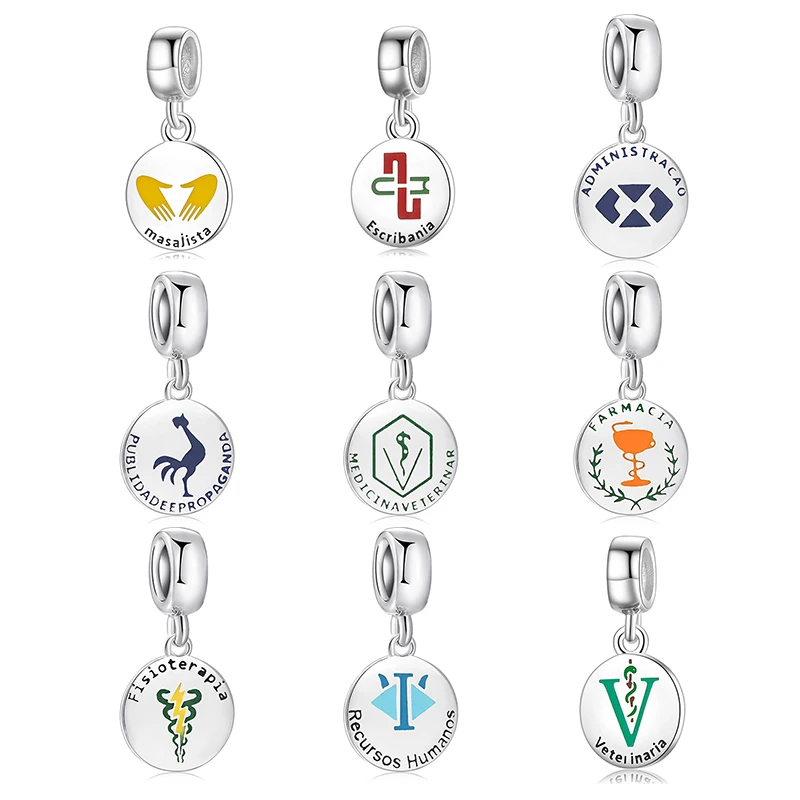

Round shape 925 Sterling Silver fisioterapia letter fine Pendants beads Fit Original Pandora Charm Bracelet Jewelry making