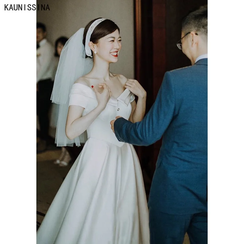 

KAUNISSINA Elegant Satin A-Line Wedding Dress Off The Shoulder Corset Wedding Gowns Custom Made Women Long Simple Bridal Dresses