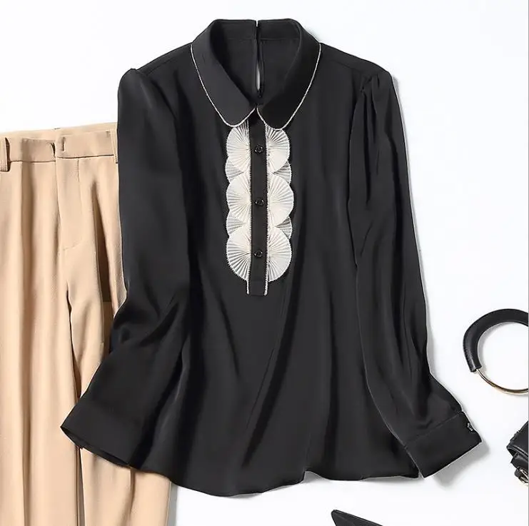 

European and American women's clothing spring 2021 new Long sleeve lapel Fashion patchwork plaid printing Silk shirt