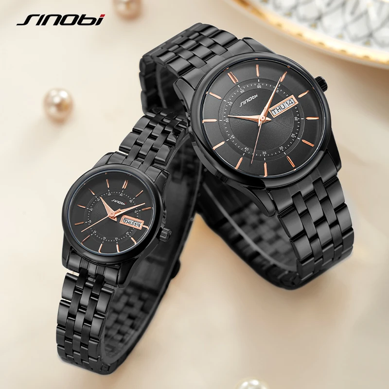 SINOBI 2021 Fashion Luxury Couple Watches Lovers Goldren Black Women Watches Waterproof Men's Watches Lover relogios masculinos