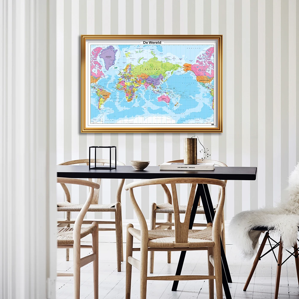 

84*59cm The Wold Map with Details In Dutch Wall Art Poster Canvas Painting Children School Supplies Living Room Home Decoration
