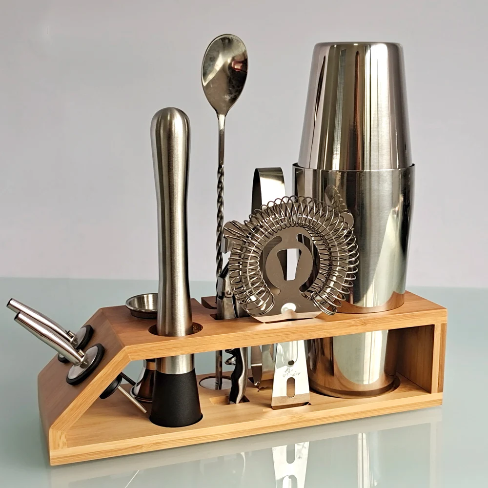Kit de barman, juego de coctelera, soporte trapezoidal de bamb&uacute;, para bebidas mezcladas, juego de herramientas para el hogar de Bar, Martini, acero inoxidable, 10 piezas-2