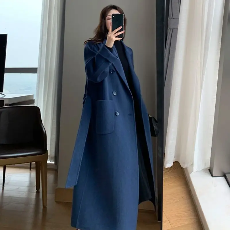 

2021 Women Fashion Warm Woolen Blends Female X Long Elegant Double Breasted Woolen Coat Solid