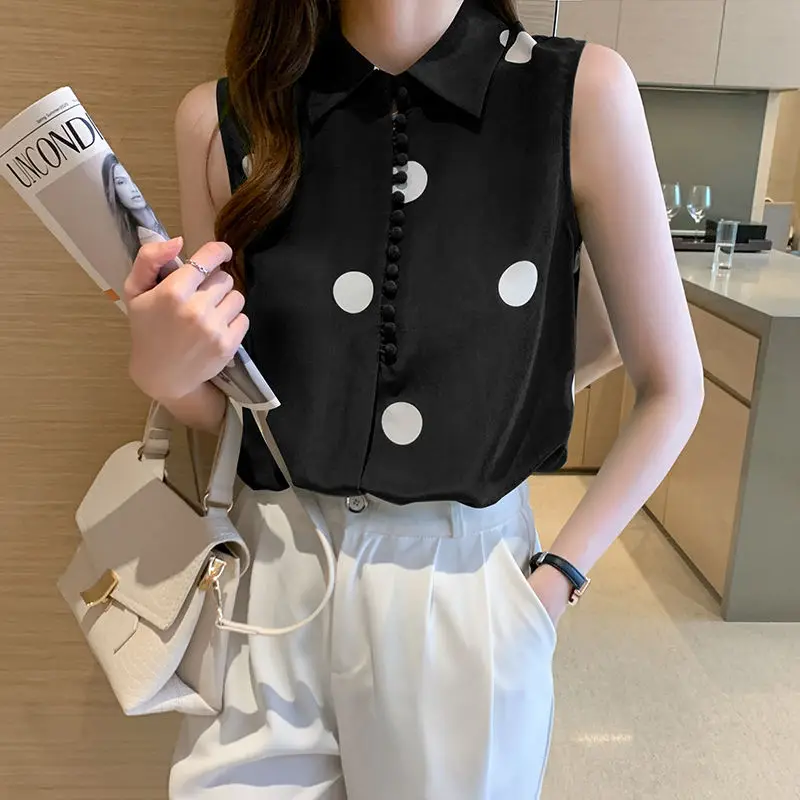 

Элегантный французский красивые кнопки женское платье без рукавов с принтом в горошек шифоновая Офисная Рабочая Рубашка свободного покроя...