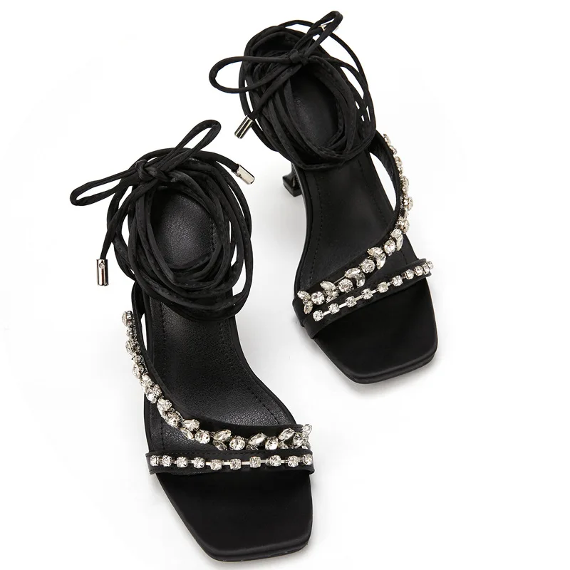 

Fashion Sexy Crystal Bling Cross-Tied Sandals 2021 Summer Retro PU Patchwork Head Peep Toe Thin High Heels Women's Shoes