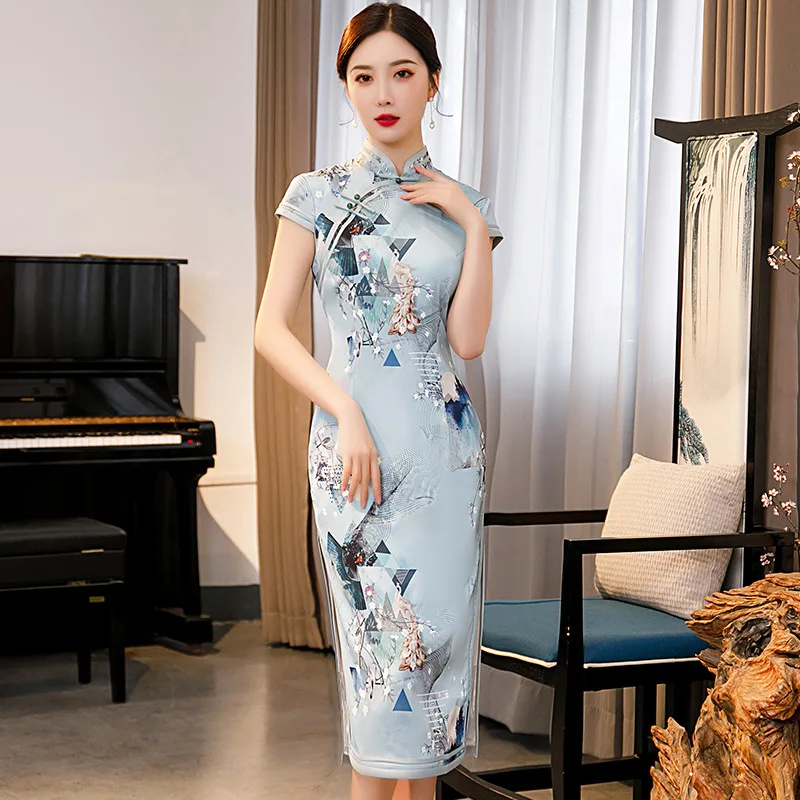 

Satin Sexy Mid Length Chinese Dresses 2021 New Mandarin Collar Cheongsam Traditional Oversize Qipao Slim Print Flower Vestidos