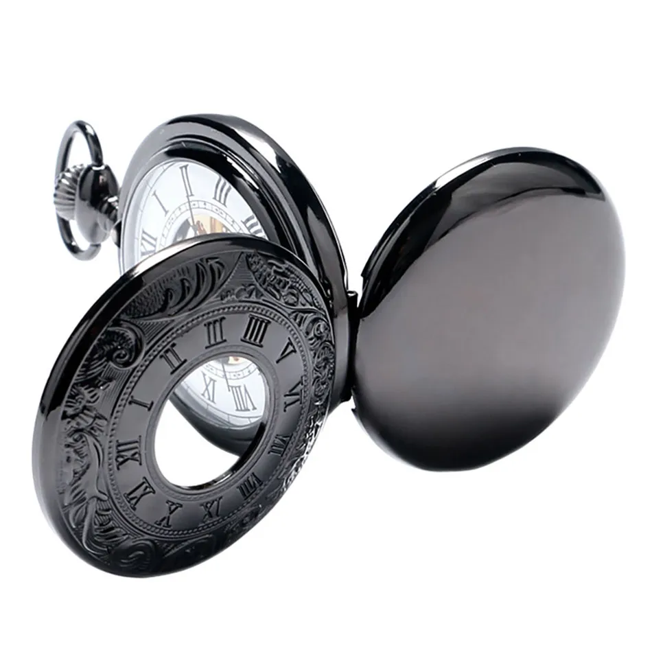 

Classic Roman Numerals Display Mechanical Hand Wind Pocket Watch Antique Pendant Clock Retro Black Pocket Chain Double Hunters