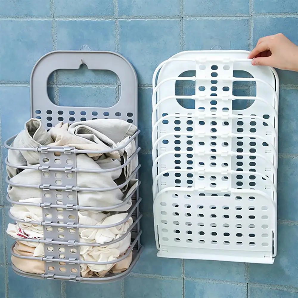 Cesta de lavander&iacute;a plegable montada en la pared, juguete colgante de pared no perforado, para ba&ntilde;o, lavander&iacute;a-0
