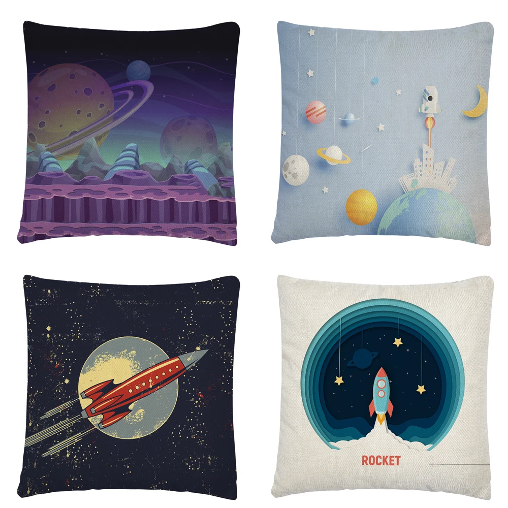 

Simple and cute cartoon rocket pattern Linen Cushion Cover Pillow Case for Home Sofa Car Decor Pillowcase 45X45cm